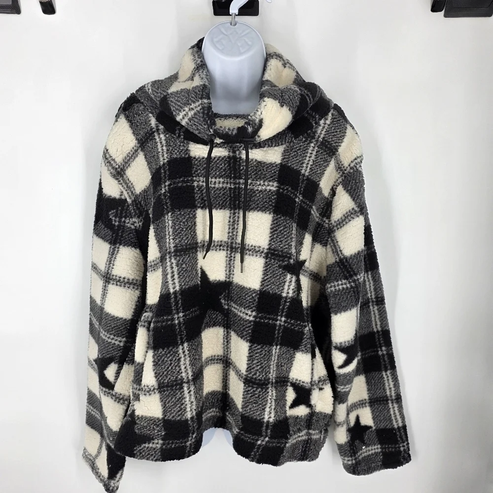 Marissa Olivia Star Plaid Sherpa Fleece Pullover Women's XL Buffalo Check Funnel